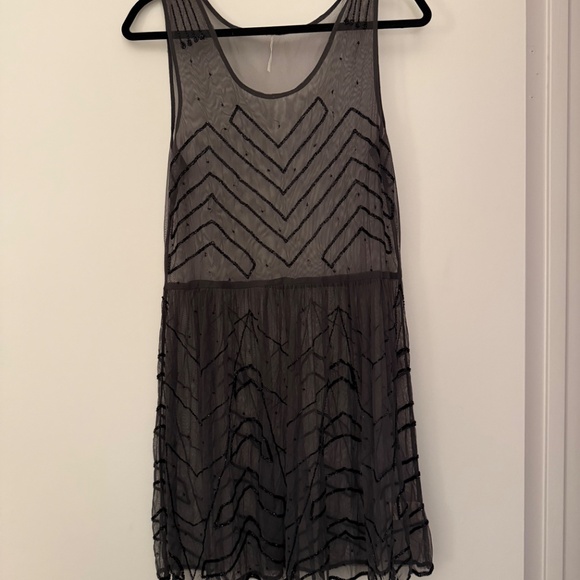Free People Beaded Embellished Mesh/Sheer Mini Slip Dress Charcoal - Picture 2 of 4